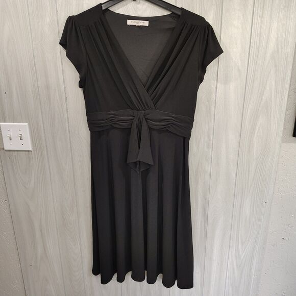 Evan Picone Womens Surplice Neck Ruched Cap Sleeve A-Line Midi Dress Black 16 - Picture 1 of 11